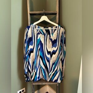 Alfani Jeweled Neck Pattern Blouse